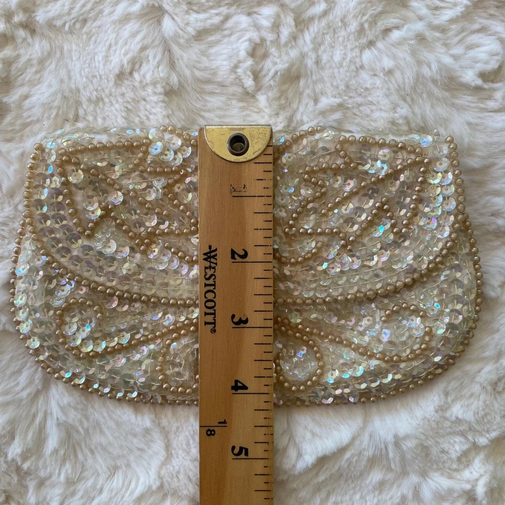 Vintage Miranda Clutch Cream Iridescent Sequin Faux Pearl Beaded Japan Retro
